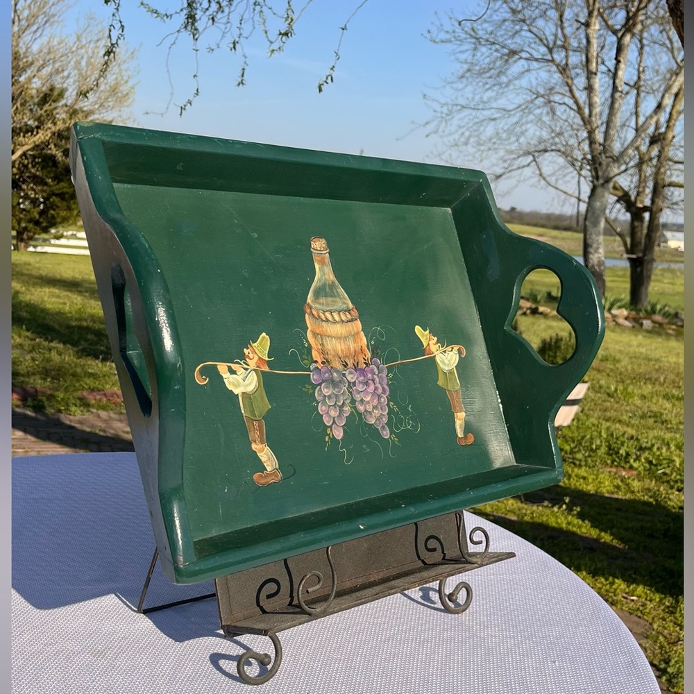 Vintage wooden Serving Tray, Hand painted Austrian men carrying grapes